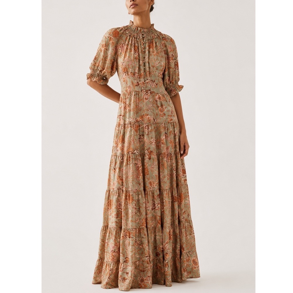 GiGi James Floral Print Smocked Maxi Dress Sage Green NWT Small